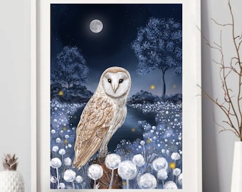 A5 A4 Dreamy Owl Art Print - Whimsical Night Landscape, Fantasy Wall Decor - Night Owl art print - by Elaine Serenum