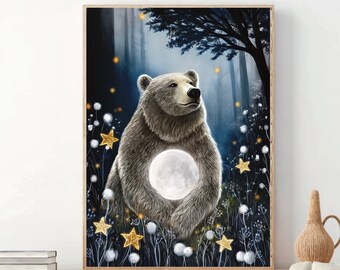 A3 A4 A5 Spiritual art print - Moon Mother - Night Bear Spirituality art - Fantasy Art poster - Bear Wall Art Enchanted night art Fantasy