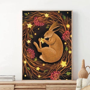 A4 A5 süsser schlafender Hase Häschen | Fantasie Kunst | Tierposter | Waldkunst Waldkunst | Hase Malerei | Verträumt | Folklore | Wunderliche Kunst