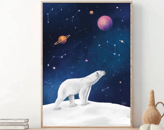 Lámina artística de oso polar A4 - Oso polar cósmico - Impresión de vida silvestre - Arte ártico - Arte de vida silvestre - Auroras boreales - Arte mural de oso polar - Arte infantil