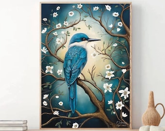 A3 A4 A5 Kingfisher art print - Cute Bird art print - Kingfisher wall art - Poster - Woodland art - Floral art print - Cute floral art