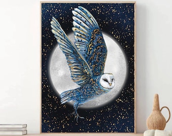 Impresión artística original A5 A4 / Espiritual / Arte de guía espiritual / Impresión artística de búho nocturno / Arte lunar / Póster de arte fantástico Arte caprichoso - Arte de bosques