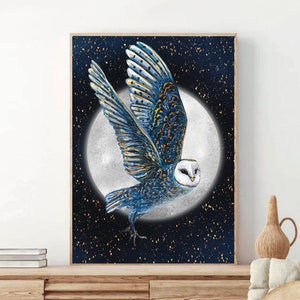 A4 Barn Owl art print - Fairytale art - Woodland - Mystical art print - Disney wall art - Owl home decor - Gift for her - Owl gift - Stars