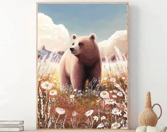 A4 A5 Bear and summer field art print | Fantasy Art poster | Enchanted forest art | Woodlands art | Whimsical art - Nursery - Alaska bear
