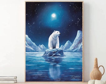 A3 Large Bear Art print | Polar Bear on Iceberg | Blue Night Art print | Arctic Wall Art  | Disney Art poster | Whimsical Nursery art