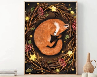 A4 A5 Sleeping fox art print | Fantasy Art poster | Enchanted night art | Woodlands art Forest art print | Fox painting - Cute fox art