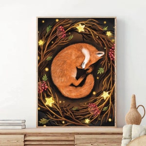 A2 A3 Large Sleeping fox art print | Fantasy Art poster | Enchanted night art | Woodlands art Forest art print | Fox painting