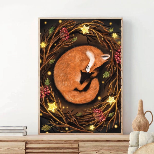 A4 A5 Sleeping fox art print | Fantasy Art poster | Enchanted night art | Woodlands art Forest art print | Fox painting - Cute fox art