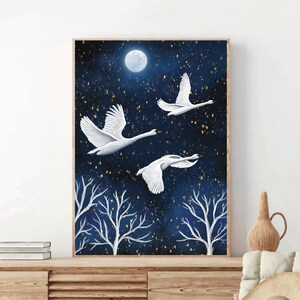 A3 Large Original Art print | Spiritual | Spirit guide art | Flying Swans print | Blue Art print | Fantasy Art poster | Enchanted Moon art