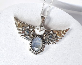 Silver and 18K gold Owl Pendant - Natural Moonstone jewelry - Owl necklace - Cute owl pendant - Spiritual owl pendant - Moon crescents