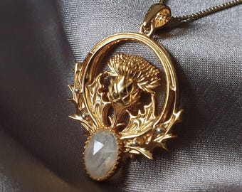 18k Gold Thistle Necklace with Moonstones - Flower birthstone necklace - Gold thistle - Gift for her - Gemstone jewelry