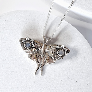 925 Sterling Silver Moth Pendant - Natural Moonstone jewelry - Gift for her -  Night Moth pendant - Birthstone pendant- Gothic Amulet