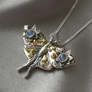 925 Sterling Silver Moth Necklace - Moonstone Amethyst jewelry - Gift for her -  Night Moth pendant - Birthstone pendant- Luna moth pendant