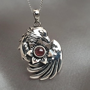925 Sterling Silver Sleeping Phoenix Pendant - Garnet necklace - Phonix - Silver garnet pendant - gift for her - by SERENUM image 1