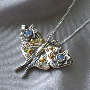 Silver Moth Pendant | Sterling Silver Moonstone Necklace | Celestial Nature Jewellery | Gothic Moth Charm | Handmade UK - Moth necklace