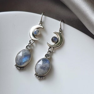 Moon Crescent 925 Sterling Silver Drop Earrings - Natural Moonstone earrings - Celestial Earrings - Celestial Jewelry - Dangle earrings