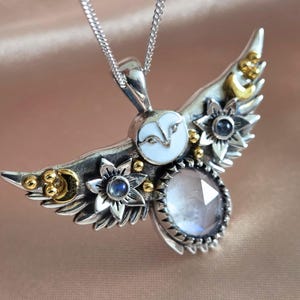925 Sterling Silver and 18k Gold Owl Pendant - Natural Moonstone jewelry - Gift for her -  Cute owl pendant - birthstone pendant - Earrings