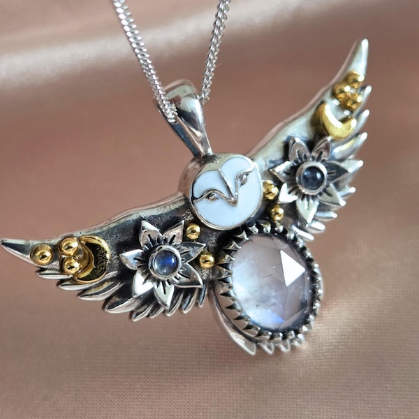 925 sterlingzilver en 18k gouden uilhanger - natuurlijke maansteensieraden - cadeau voor haar - schattige uilhanger - geboortesteenhanger - oorbellen