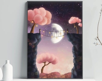 A3 A4 Night Bridge print | Fantasy Tree art | Sunset print | Whimsical art print | Magic night art print | Moon art | Fantasy tree poster