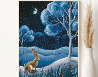 A4 A5 Original Art print | Winter forest Hare art | Night Moon print | Blue Art print | Fantasy Art poster | Rabbit art | Woodland art