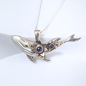 925 Sterling Silver Whale with Amethyst, Dainty Whale Necklace, Whale Necklace, Natural Amethyst Jewelry, Whale Jewelry, Ocean, Nautical