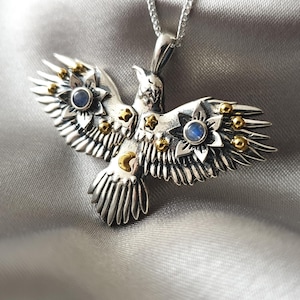 925 Silver Flying Crow Pendant - Natural Moonstone jewelry - Gift for her - Birthstone - Raven Pendant - Flying bird - Crow necklace