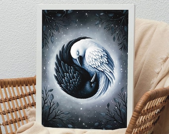 May include: A framed print of a black and white bird design. The birds are in a yin yang shape, with one bird facing left and the other facing right. The background is a dark blue with white stars.