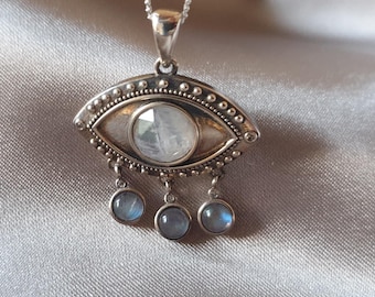 925 Sterling Silver Eye Protection Pendant - Natural Moonstone jewelry - Gift for her -  Eye pendant - Spiritual pendant- Eye in silver