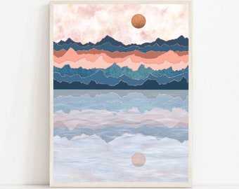 A3 A4 Original Art print | Blue Pink Nautical Sea Art | Nature Poster | Pink Blue Sun art print | Bedroom Wall art | Sunset art | Calming