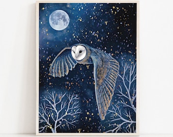 A4 A5 Original Art print | Spiritual | Spirit art | Night Owl print | Blue Art print | Fantasy Art poster | Enchanted night art | Owl poster