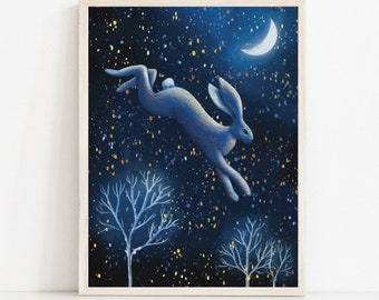 Originele kunstafdruk A2 A3 A4 A5 | Spiritueel | Aardse kunst | Maan | Nachthaas-print | Dromerige haas kunstprint | Boskunstprint Boshaas