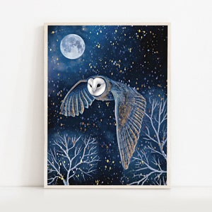 May include: A blue and gold owl with white markings flies against a dark blue background with a full moon and gold glitter. The owl is in flight with its wings spread wide. The background is a dark blue with a full moon and gold glitter.