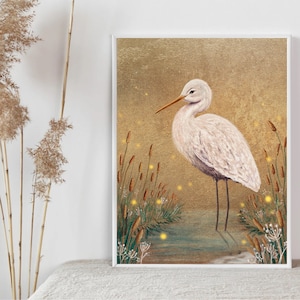 A5 A4 Limited Edition Gold Original Art print - Lonely Watcher - Stork art print - Night lake art - Fantasy Poster Whimsical - Woodlands art