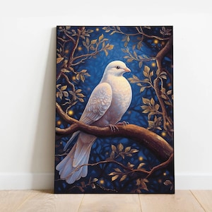 Impresión artística de paloma blanca A4 A5 / Póster de impresión artística de fantasía forestal / Paloma blanca / Impresión artística de aves / Arte de bosques / Arte azul dorado