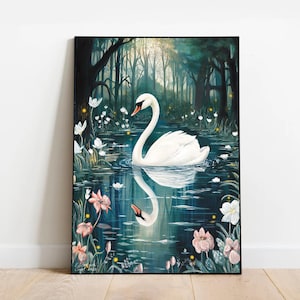 May include: A white swan swims in a dark blue pond surrounded by white and pink flowers. The swan's reflection is visible in the water. The background is a dark green forest.