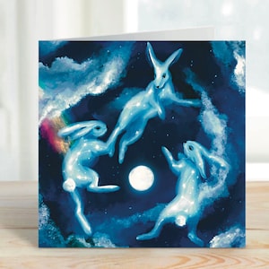 Carte de voeux carrée Dreamy Clouds Dancing Hares - Carte de voeux vierge - Carte pour toutes les occasions 14,8 cm x 14,8 cm