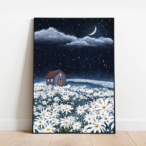 A3 A4 A5 Original Art print | Floral landscape art | Moon | Daisy field | Flowers |  | White flower art | Botanical Floral art | Flower art