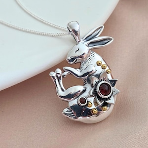 925 Sterling Silver Bunny Pendant - Garnet jewelry - Cute Bunny pendant - Birthstone pendant - Silver Rabit pendant with Garnet gemstones