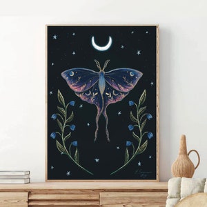 Téléchargement instantané - Art mystique du papillon de nuit et du croissant de lune - Impressions murales célestes, décoration murale sorcière - Poster nature - Fichier en téléchargement numérique