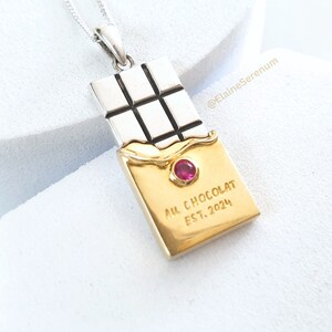 chocolate bar pendant, chocolate necklace, chocolate pendant, 18k gold necklace, ruby, sweet pendant, gift for her, jewelry