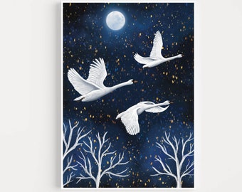 A3 A4 A5 Original Art print | Spiritual | Spirit guide art | Flying Swans print | Blue Art print | Fantasy Art poster | Enchanted Moon art