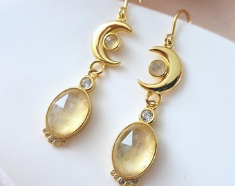 18k Gold Moon Crescent Drop Earrings - Moonstone earrings - Celestial Earrings - Celestial Jewelry - Dangle earrings - Unique moonstones