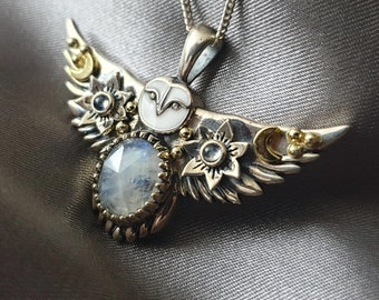 925 Sterling Silver and 18k Gold Owl Pendant - Natural Moonstone jewelry - Gift for her -  Cute owl pendant - birthstone pendant - Earrings