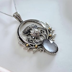 925 Sterling Silver Thistle Pendant - Natural Moonstone jewelry - Flower pendant - Thistle necklace - birthstone pendant - Scottish Thistle
