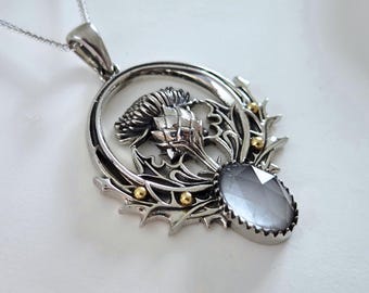 925 Silver Thistle Pendant - Moonstone jewelry - Flower pendant - Thistle necklace - birthstone pendant - Scottish Thistle - Amethyst 18K
