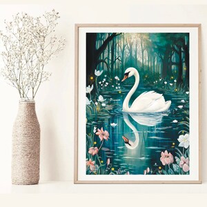 May include: A white swan with a long neck and a black beak swims in a dark blue pond surrounded by green trees and white flowers. The swan's reflection is visible in the water.