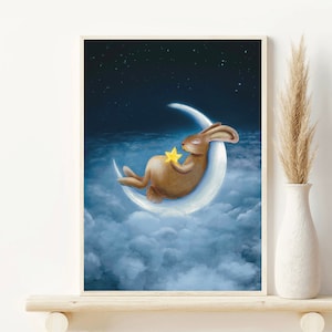 Impresión nocturna de luna y liebre (A3, A4, A5) / Póster de liebre azul de ensueño / Impresión de liebre de luna durmiente / Póster de conejito de arte fantástico de dulces sueños / Impresión infantil