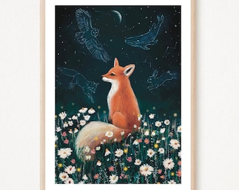 A2 A3 Enchanted Night - Stargazing Fox art print - Spiritual art - Woodlands print - Woodland animals - Fox christmas gifts - Wildlife art