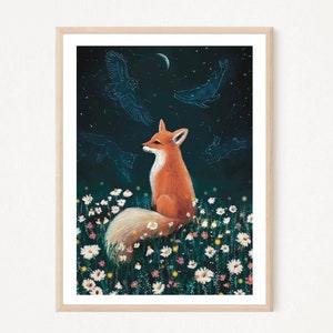 Notte incantata A4 A5 - Stampa artistica di volpe che osserva le stelle - Arte spirituale - Stampa del bosco - Animali del bosco - Regali di volpe - Regalo per lei - Fauna selvatica