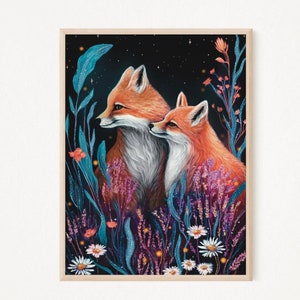 Stampa volpe A4 A5 - Arte murale volpe - Decorazione per la casa - Regalo volpe - Arte murale bosco - Stampa fauna selvatica - Regalo primaverile - Arte forestale - Due volpi amano immagine 1